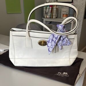 Coach White Leather Purse with Gold Accents, Purple Interior Tote
